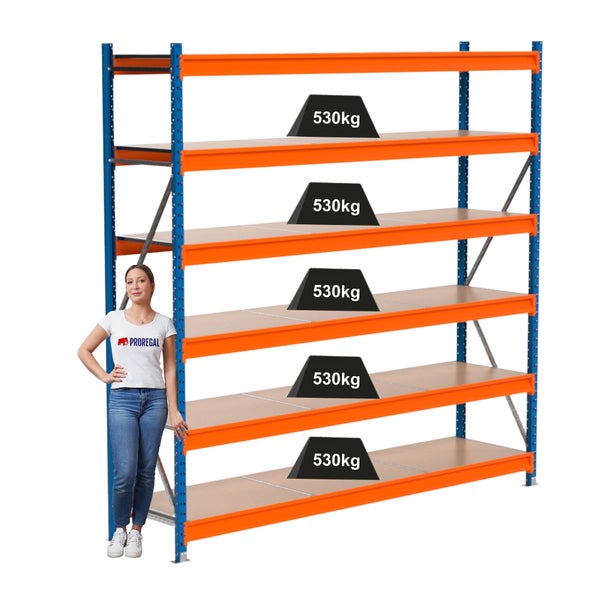 Schwerlastregal mit fünf Ebenen und einer Traglast von 530 kg pro Ebene
