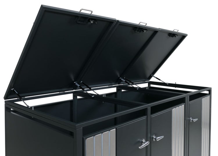 Mülltonnenbox mit drei Fächern und geöffneten Deckeln