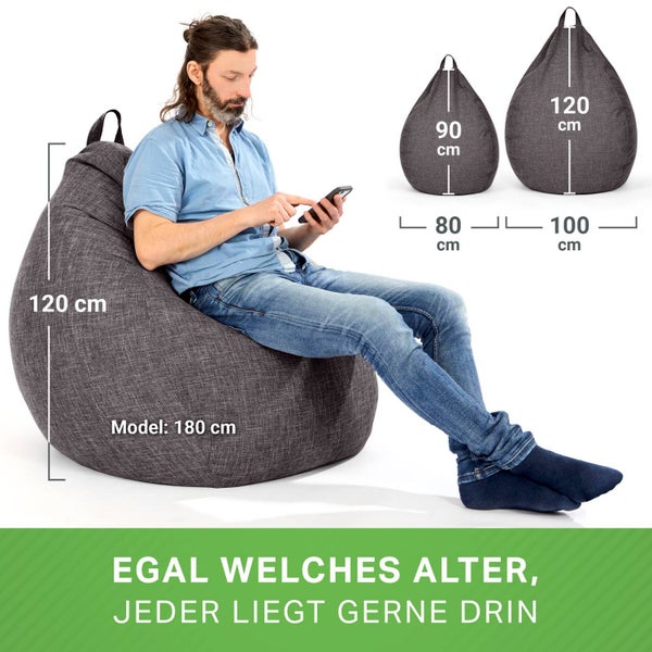 Green Bean Indoor XXL Sitzsack mit 300 Liter mit EPS-Perlen Füllung - Kuschelig Weich Waschbar - Drinnen Stoff Bodenkissen Liegekissen Sitzkissen - Dunkelgrau Asphalt