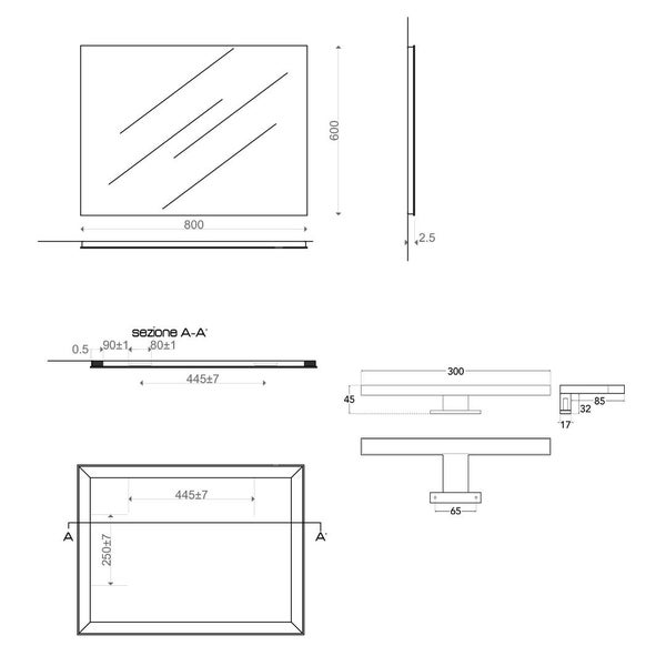 Technische Zeichnung eines Spiegels mit Maßen.