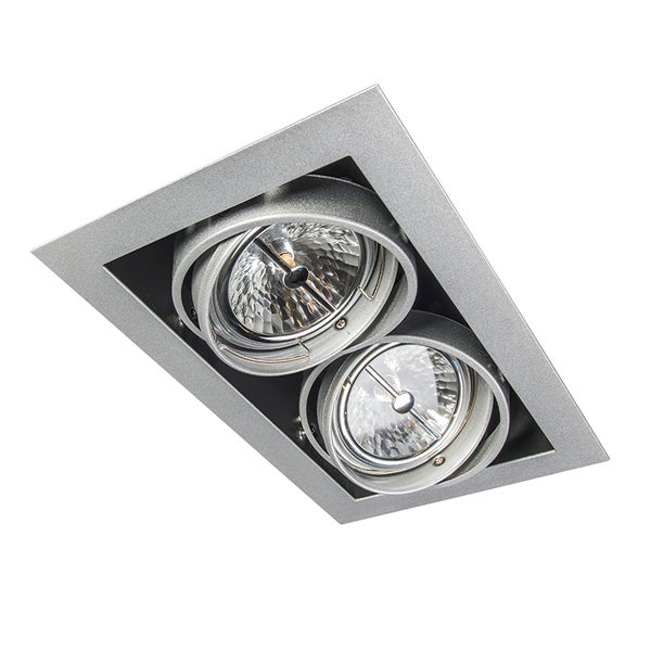 Quadratischer Einbaustrahler, 2-flammig, schwenkbar, Metallgehäuse in Silber.