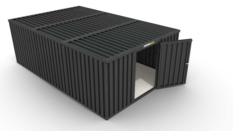 Lagercontainer Gerätehaus M3  – 18 qm, H2150 x B3050 x T6520 mm, Außenwandlackierung anthrazit, Dach außen verzinkt, mit Holzfußboden, 1270 mm Einflügeltür mittig in Breitseite, montiert