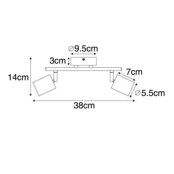 Technische Zeichnung einer Deckenleuchte mit zwei Strahlern und Maßangaben.
