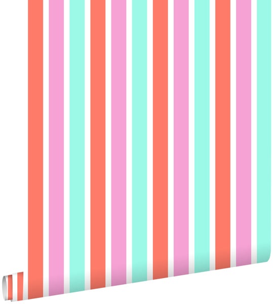 ESTAhome Tapete vertikale Streifen Rosa, Türkis und Korallenrot - 53 cm x 10,05 m - 138704