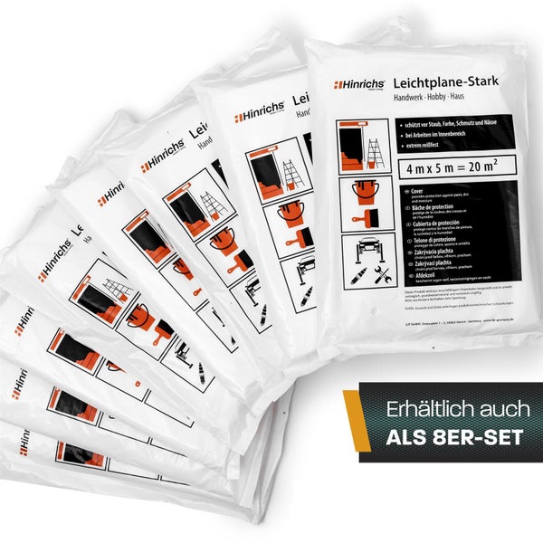 Hinrichs Leichtplane Stark im 8er Set, Maße pro Plane 4 mal 5 Meter, schützt vor Staub, Farbe, Schmutz und Nässe bei Arbeiten im Innenbereich.