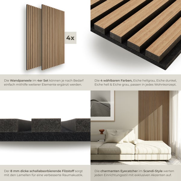 Akustikpaneele tectake Sonic Wall je 60 x 120 x 2,1 cm, Größe flexibel anpassbar Holzoptik in Eiche hell Eiche hell
