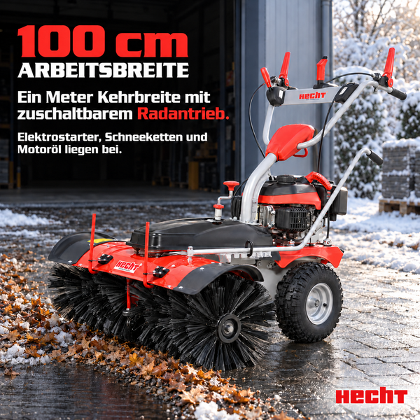Hecht Kehrmaschine mit Benzinmotor und zuschaltbarem Radantrieb für den Winterdienst auf gepflastertem Untergrund mit Schnee.