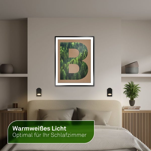 Dekoratives Wandbild mit dem Buchstaben B und Waldmotiv über einem Bett
