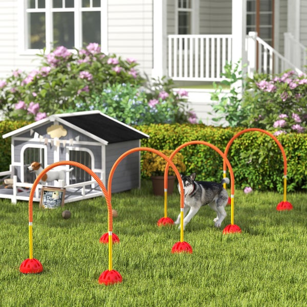Agility-Reifen-Set für Hunde auf einer Rasenfläche im Garten mit einem springenden Husky und einer Hundehütte im Hintergrund.