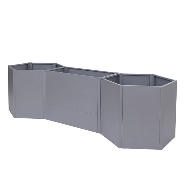 Modulares Hochbeet aus grauem Metall mit zwei sechseckigen und einem rechteckigen Bereich.
