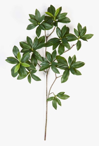 Künstlicher Zweig mit grünen, spitzen Blättern.