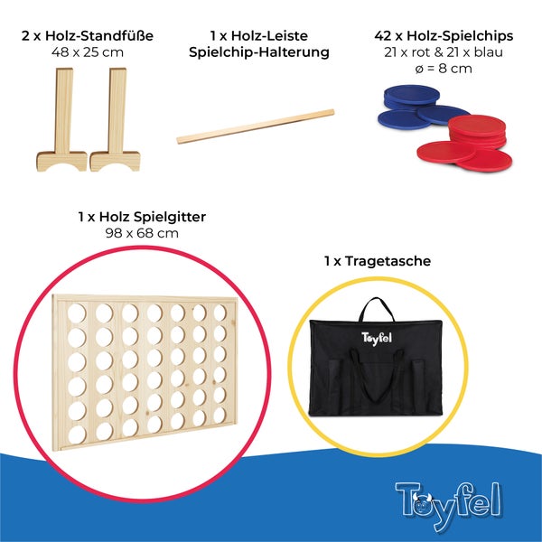 Lieferumfang eines Vier Gewinnt Holzspiels mit Standfüßen, Spielgitter, Spielchips, Leiste und Tragetasche von Toyfel.