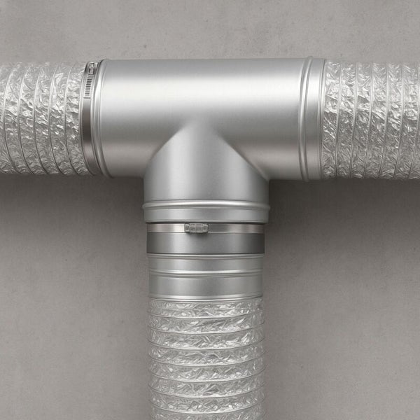 T-Stück für flexible Lüftungsschläuche mit Schlauchschellen aus Metall zur Verbindung von Luftkanälen