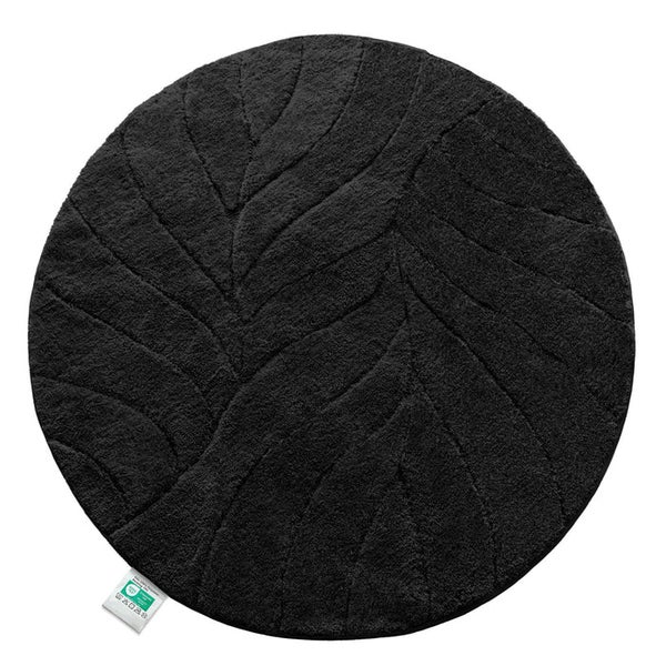 Runder, schwarzer Badteppich mit Blattmuster