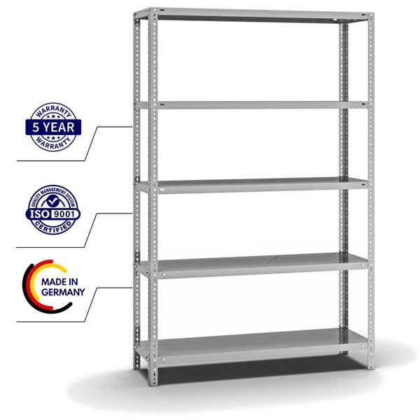 PROREGAL Fachbodenregal Schraubsystem Medium-Duty Grundregal HxBxT 200 x 130 x 40 cm 5 Ebenen Fachlast 200 kg Beidseitig Nutzbar Verzinkt