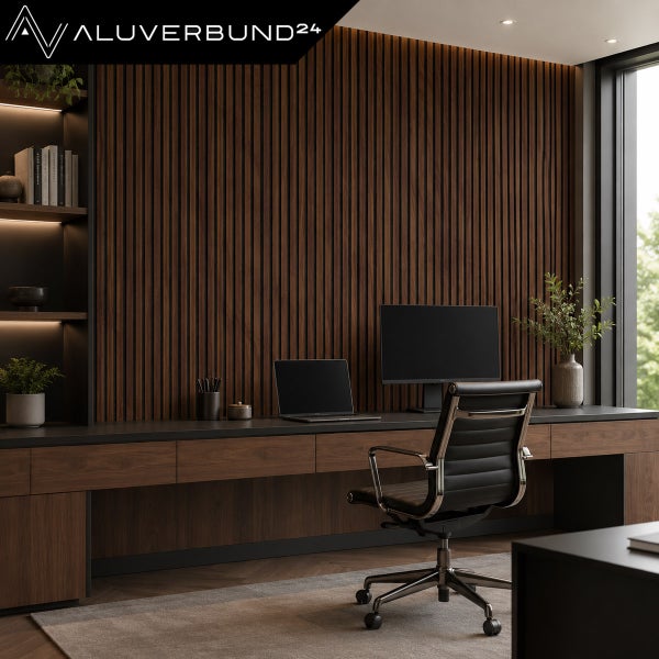 Modernes Heimbüro mit Holzlamellenwand als Akzent, integriertem Schreibtisch und Büro Drehstuhl in einer eleganten und organisierten Umgebung.