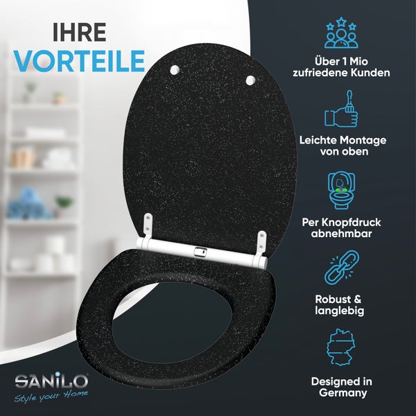 WC-Sitz, gesprenkeltes Muster, Sanilo Logo, Montage von oben, per Knopfdruck abnehmbar, robust, langlebig, Design aus Deutschland.
