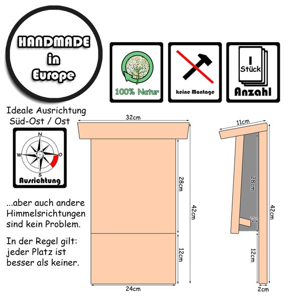 Produktinformationen zum Nistkasten mit Maßangaben, Hinweis zur Ausrichtung, Informationen zur natürlichen Herstellung, Montagehinweis und Stückzahl