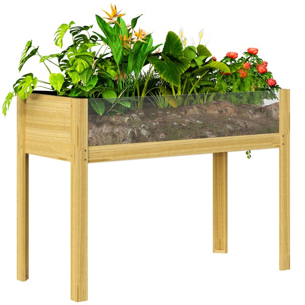 Hochbeet aus Holz mit verschiedenen Pflanzen