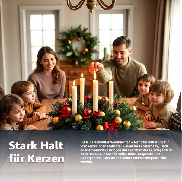 Familie zündet Kerzen auf Adventskranz an Tisch an