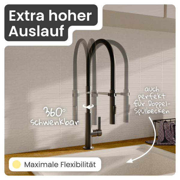 Küchenarmatur mit extra hohem Auslauf, 360 Grad schwenkbar für maximale Flexibilität, ideal für Doppelspülbecken.