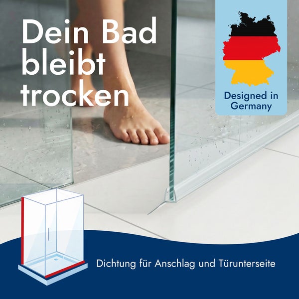 Transparente Dichtung für die Unterseite einer gläsernen Duschtür, in Deutschland entworfen, verhindert das Austreten von Wasser.