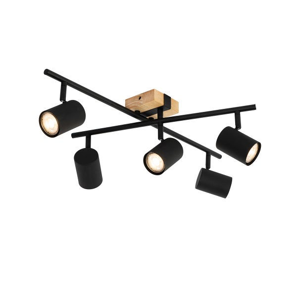 Deckenstrahler mit fünf Lichtquellen, Material Metall und Holz, moderne Deckenleuchte für Innenräume.