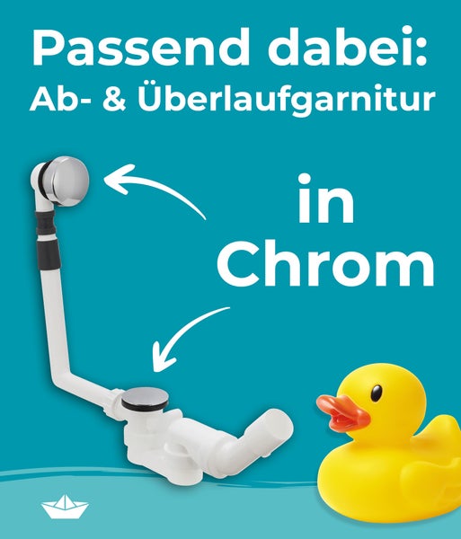 Ab- und Überlaufgarnitur für Badewannen mit verchromten Elementen neben einer Badeente als Symbolbild.