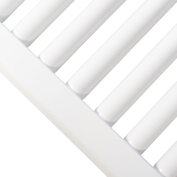 Detailaufnahme eines weißen Badheizkörpers mit horizontalen Rundrohren und vertikalem Sammelrohr.