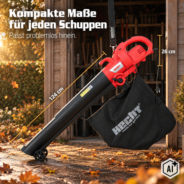 Elektrischer Laubbläser und Laubsauger Hecht mit Fangkorb und Tragegurt vor einem Gartenhaus mit Maßangaben 124 Zentimeter und 26 Zentimeter.