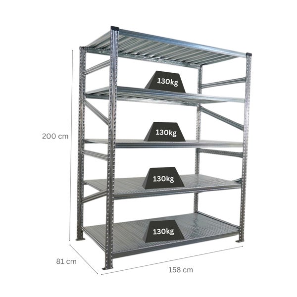 Metallregal mit vier Ebenen und einer maximalen Traglast von 130 Kilogramm pro Ebene