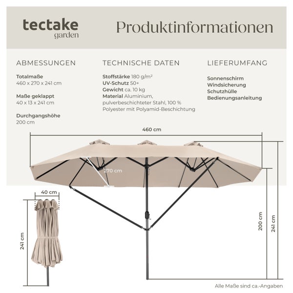 Sonnenschirm tectake Silia UV-Schutz 50+, inklusive Windsicherung und Schutzhülle 460 x 270 cm beige