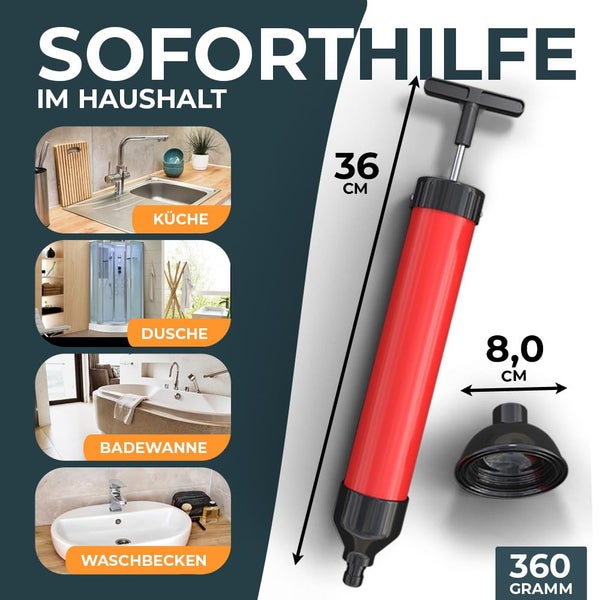 Rohrreinigungspumpe mit T-Griff, Länge 36 Zentimeter, Gewicht 360 Gramm, Durchmesser 8 Zentimeter, geeignet für Küche, Dusche, Badewanne und Waschbecken.