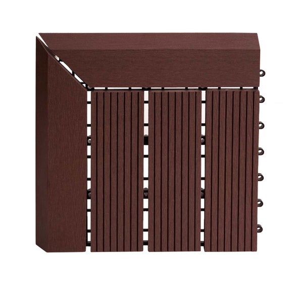 Eckstück für Terrassenfliese aus Holz-Kunststoff-Verbundwerkstoff in Dunkelbraun mit geriffelter Oberfläche und Klicksystem.