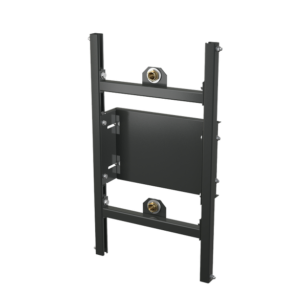 Vorwandelement für Waschtisch oder Bidet aus schwarzem Metall mit Montageplatte und zwei Wasseranschlüssen.