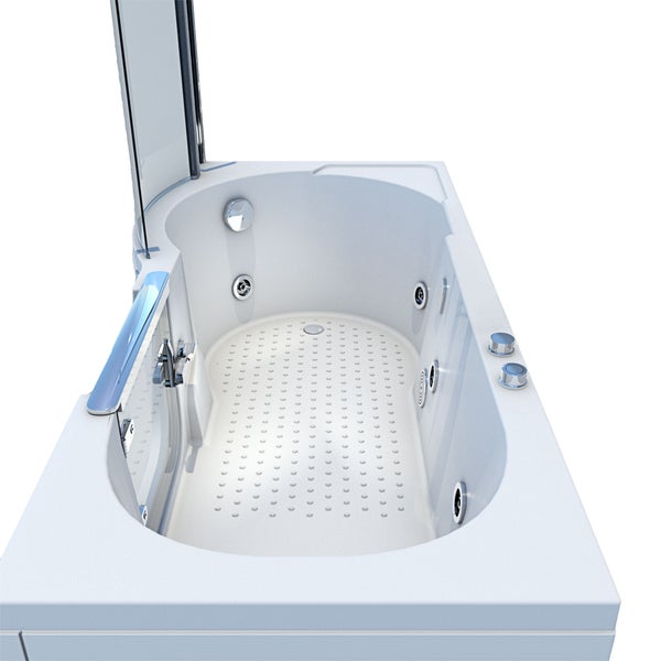 Barrierefreie Badewanne mit Einstiegstür, Whirlpooldüsen, rutschfestem Boden und Glas-Duschabtrennung.