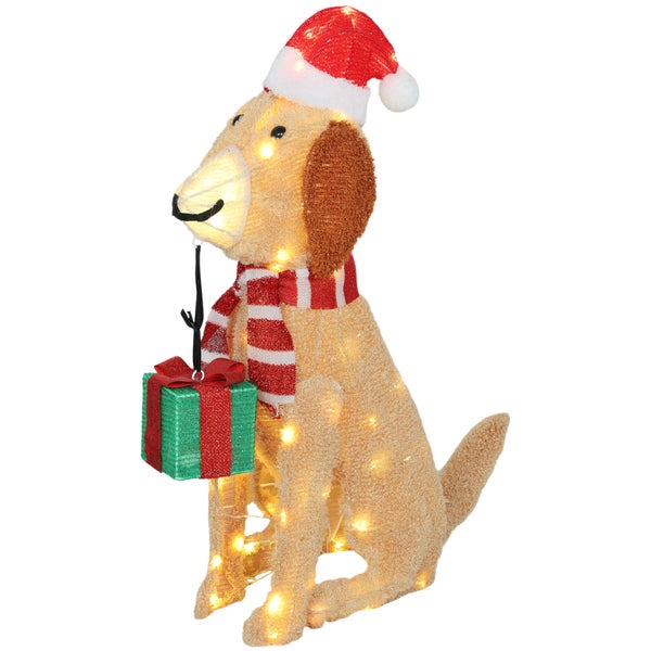 LED-Weihnachtsfigur Hund mit Weihnachtsmütze, Schal und Geschenk, warmweiß beleuchtet.