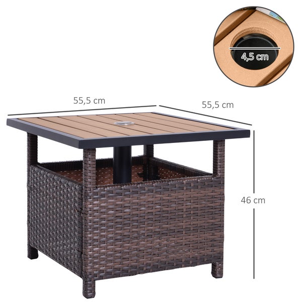 Outsunny Polyrattan Beistelltisch Gartentisch Terrassentisch Schirmständer für Sonnenschirm inkl. Sandsack Braun 55,5 x 55,5 x 46 cm