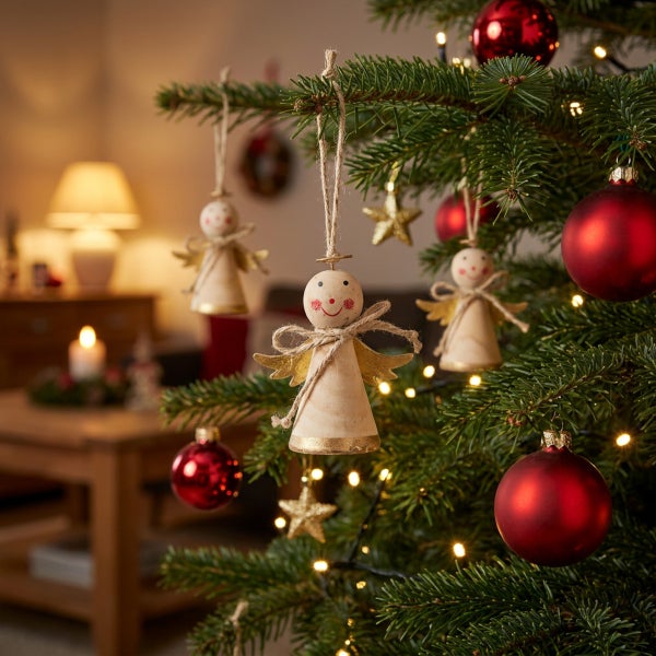Weihnachtsbaum geschmückt mit hölzernen Engelsfiguren als Weihnachtsbaumschmuck und glänzenden Kugeln in einem gemütlich beleuchteten Wohnzimmer.