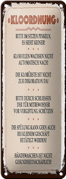 Blechschild Spruch Kloordnung bitte im sitzen pinkeln 10x27cm