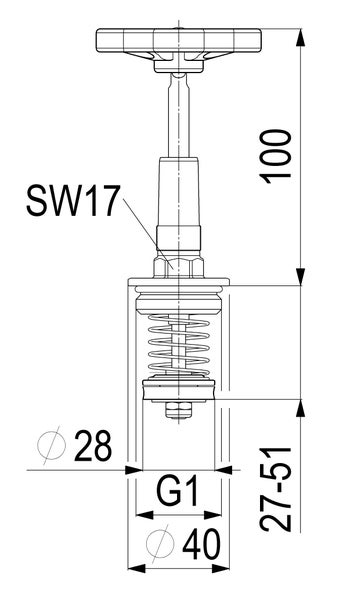 Technische Zeichnung eines Ventil-Oberteils mit Maßen in Millimeter, Schlüsselweite 17, G1 Gewinde sowie Durchmessern von 28 und 40.