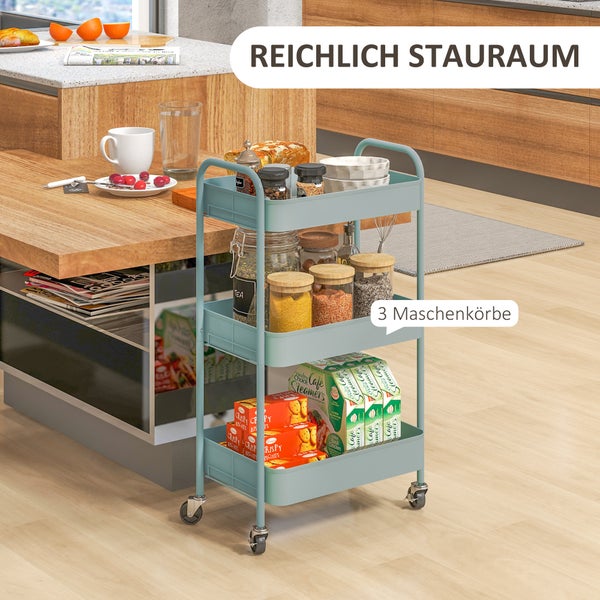 Hellblauer Servierwagen mit drei Maschenkörben und Rollen in einer modernen Küche neben einer Kochinsel aus Holz.