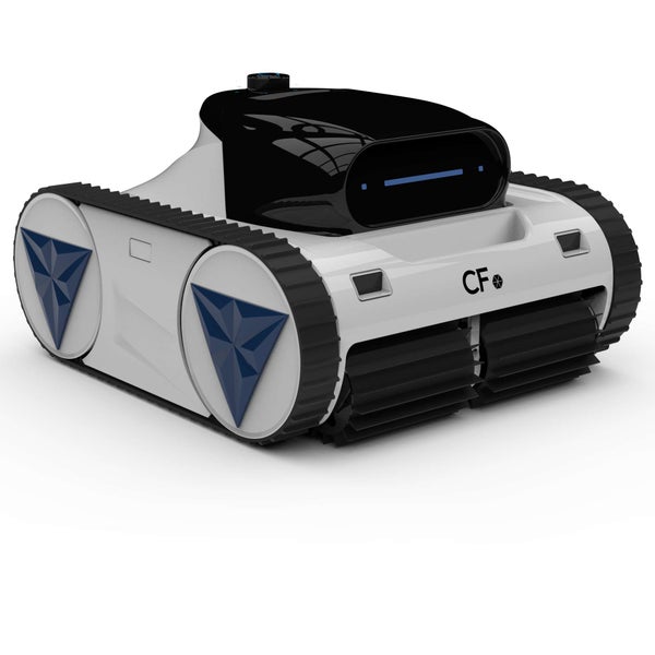 Weißer und schwarzer Poolroboter mit Raupenantrieb und CF Logo.