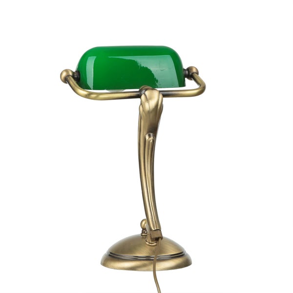 Tischleuchte mit grünem Schirm und Messingfuß