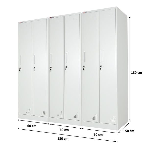 Metallspind mit 6 Türen, abschließbar mit Schlüssel, Belüftungsschlitze, Maße 180 Zentimeter hoch, 180 Zentimeter breit, 50 Zentimeter tief.