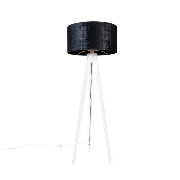 QAZQA - Modern Modernes Stehlampenstativ weiß mit schwarzem Samtschirm 50 cm - Tripod I Dreifuß Lampe I Dreifuss Classic I Wohnzimmer I Schlafzimmer - Holz Rund - LED geeignet E27