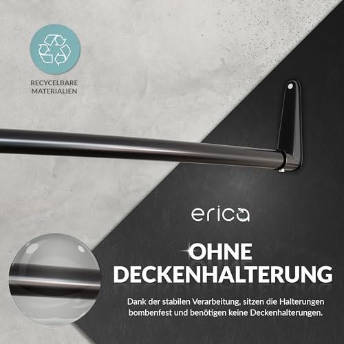 Erica Duschvorhangstange Ecke, 140x140 cm, Duschstange Winkel, Wandmontage für Badewannen, unterstützt ohne Deckenbefestigung, Schwarz Pulverbeschichteter Stahl, 100% Rostfrei