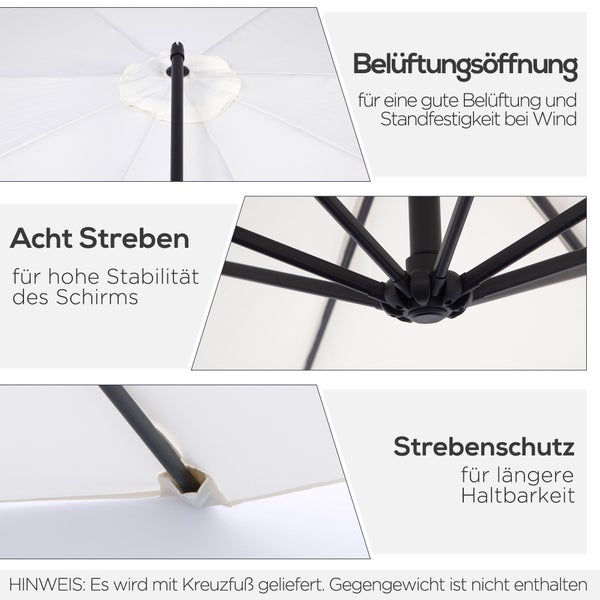 Outsunny Sonnenschirm, mit Handkurbel Rund, Stahlbogenstäbe und Stahl-Stehstäbe, Ø3 x 2,5H m, Polyestergewebe, Crème
