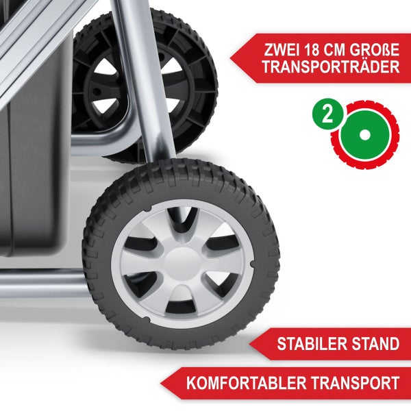 Nahaufnahme von zwei 18 Zentimeter großen Transporträdern an einem Metallgestell für stabilen Stand und komfortablen Transport.