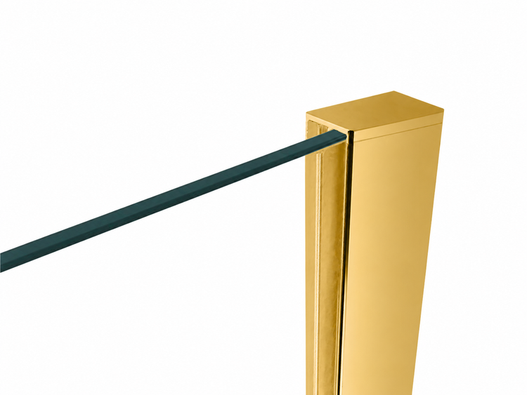 Detailansicht eines Duschwandprofils in Goldoptik mit eingesetzter Glasscheibe.